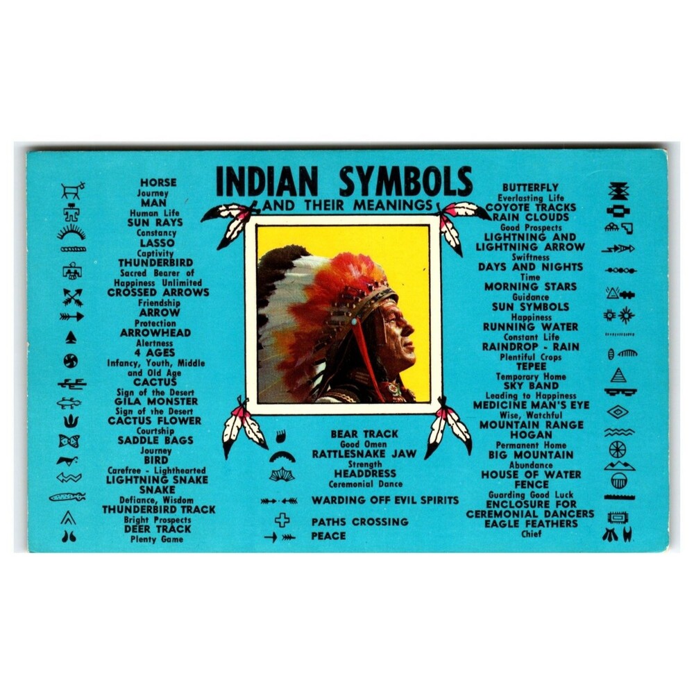 Vintage Native American Indian Symbols Meanings Chief Postcard Dexter Press